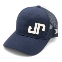 JP TRUCKER HAT NAVY BLUE, BLACK/WHITE LEATHER LOGO 